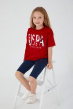 US1435-4 US POLO تريننج شورت للفتيات قطعتين قطن بلوز فلو بلون مميز من الاحمر مع شورت تايت