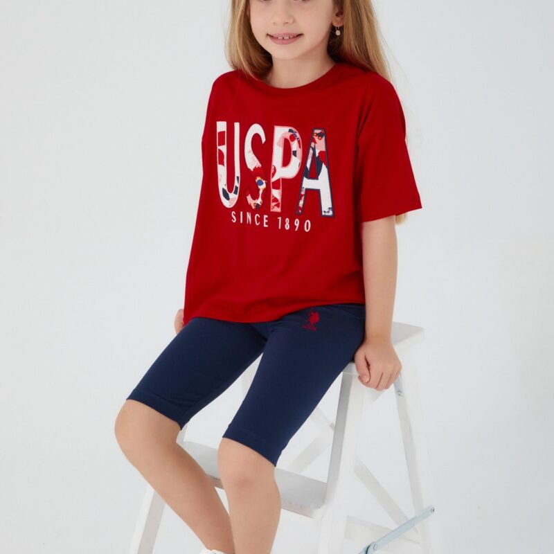 US1435-4 US POLO تريننج شورت للفتيات قطعتين قطن بلوز فلو بلون مميز من الاحمر مع شورت تايت