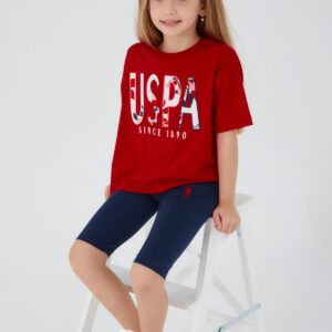 US1435-4 US POLO تريننج شورت للفتيات قطعتين قطن بلوز فلو بلون مميز من الاحمر مع شورت تايت