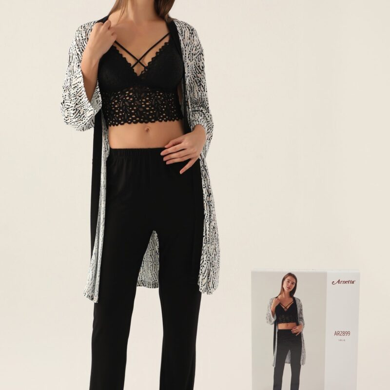 AR2899-S طقم مميز ثلاث قطع مع روب قطن للنساء