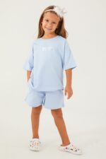 RP3076-2 طقم شورت قطن  قطعتين للفتيات لون ازرق فاتح - الصورة 4