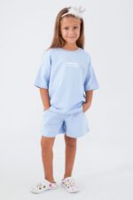 RP3076-2 طقم شورت قطن  قطعتين للفتيات لون ازرق فاتح