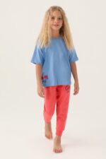 RP3388-V1 طقم تشيري للفتيات بلوز فلو نصف كم لون ازرق مع بنطال لون وردي