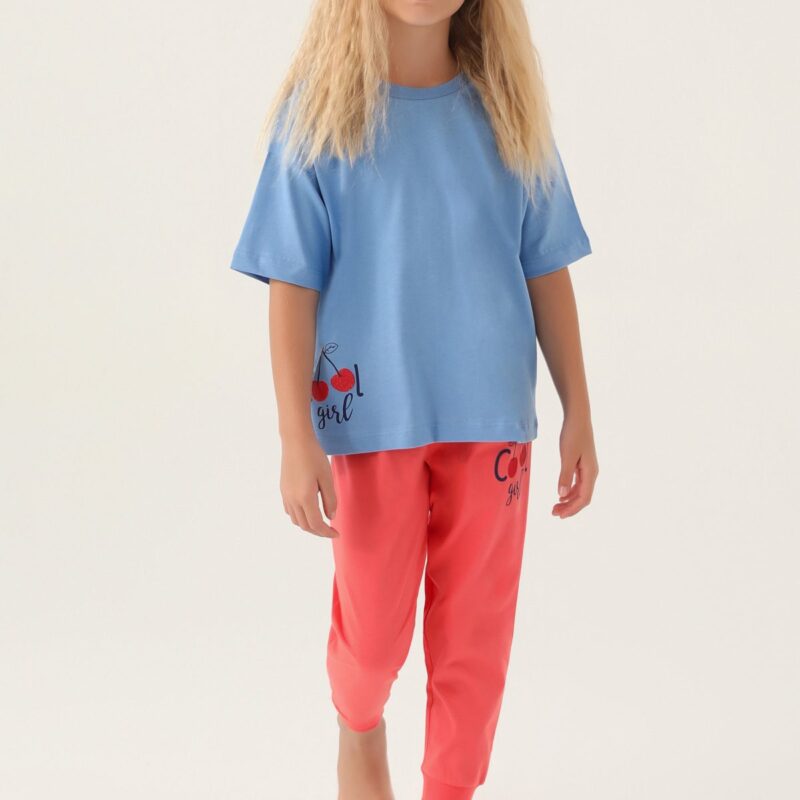 RP3388-V1 طقم تشيري للفتيات بلوز فلو نصف كم لون ازرق مع بنطال لون وردي