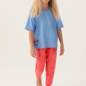 RP3388-V1 طقم تشيري للفتيات بلوز فلو نصف كم لون ازرق مع بنطال لون وردي