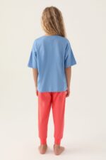 ⁦RP3388-V1 طقم تشيري للفتيات بلوز فلو نصف كم لون ازرق مع بنطال لون وردي⁩ - الصورة ⁦6⁩