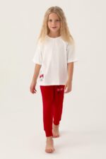 RP3388-V2 طقم تشيري للفتيات بلوز فلو نصف كم مع بنطال لون احمر