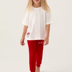 RP3388-V2 طقم تشيري للفتيات بلوز فلو نصف كم مع بنطال لون احمر