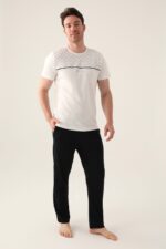 AR3010 طقم بيجاما قطن للرجال قطعتين بلوز لون كريمي مع بنطال لون اسود