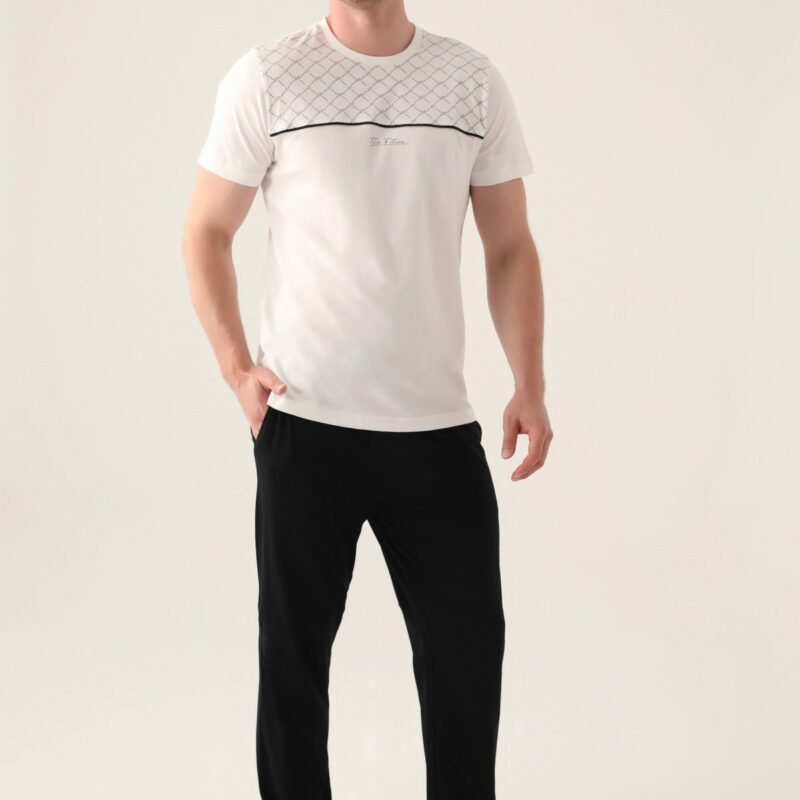 AR3010 طقم بيجاما قطن للرجال قطعتين بلوز لون كريمي مع بنطال لون اسود