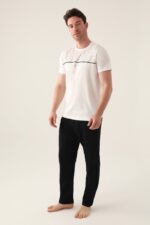 AR3010 طقم بيجاما قطن للرجال قطعتين بلوز لون كريمي مع بنطال لون اسود - الصورة 5