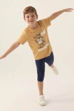 ⁦RP3369-2 طقم شورت قطعتين للاولاد قطن بلوز لون كموني مع شورت كحلي⁩ - الصورة ⁦3⁩