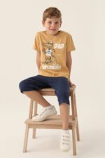 RP3369-2 طقم شورت قطعتين للاولاد قطن بلوز لون كموني مع شورت كحلي