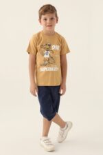 ⁦RP3369-2 طقم شورت قطعتين للاولاد قطن بلوز لون كموني مع شورت كحلي⁩ - الصورة ⁦4⁩