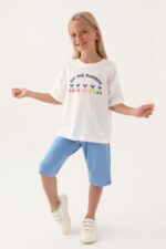 RP3387 تريننج برمودا للبنات قطن  بلوز لون ابيض مع برمودا لون ازرق