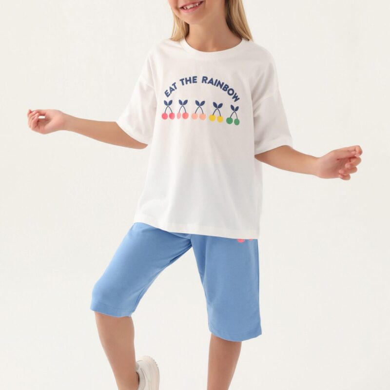 RP3387 تريننج برمودا للبنات قطن  بلوز لون ابيض مع برمودا لون ازرق