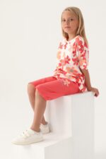 ⁦RP3395 طقم برمودا قطن للبنات بلوز فلو مزينة بالورود لون اورونج⁩ - الصورة ⁦6⁩