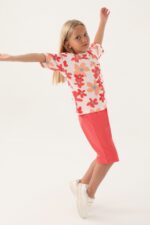 RP3395 طقم برمودا قطن للبنات بلوز فلو مزينة بالورود لون اورونج