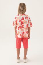 ⁦RP3395 طقم برمودا قطن للبنات بلوز فلو مزينة بالورود لون اورونج⁩ - الصورة ⁦2⁩