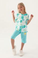 RP3395 طقم برمودا قطن للبنات بلوز فلو مزينة بالورود لون ازرق سماوي