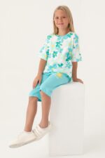 RP3395 طقم برمودا قطن للبنات بلوز فلو مزينة بالورود لون ازرق سماوي - الصورة 3