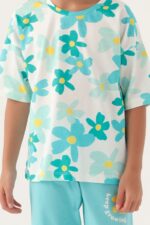 RP3395 طقم برمودا قطن للبنات بلوز فلو مزينة بالورود لون ازرق سماوي - الصورة 6