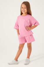 US1443-4 US POLO ASSN  تريننج للفتيات فلو سايز قطعتين شورت قطن ثلاث خيوط لون زهري