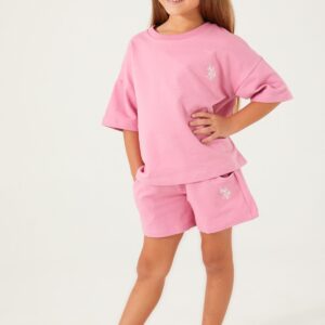 US1443-4 US POLO ASSN  تريننج للفتيات فلو سايز قطعتين شورت قطن ثلاث خيوط لون زهري