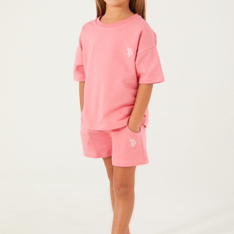 US1443-4 US POLO ASSN  تريننج للفتيات فلو سايز قطعتين شورت قطن ثلاث خيوط لون زهري مضيء