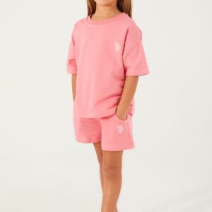 US1443-4 US POLO ASSN  تريننج للفتيات فلو سايز قطعتين شورت قطن ثلاث خيوط لون زهري مضيء