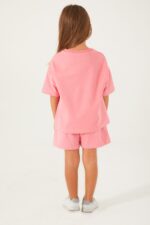 US1443-4 US POLO ASSN  تريننج للفتيات فلو سايز قطعتين شورت قطن ثلاث خيوط لون زهري مضيء - الصورة 3