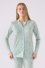 AR3064-S طقم بيجاما بأزرار للنساء قطن لون فستقي - الصورة 5