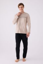 AR3140 طقم بيجاما قطن للرجال بلوز لون بيج مع بنطال لون اسود