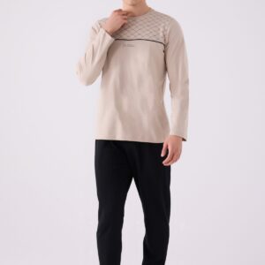 AR3140 طقم بيجاما قطن للرجال بلوز لون بيج مع بنطال لون اسود