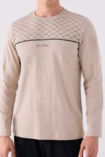 AR3140 طقم بيجاما قطن للرجال بلوز لون بيج مع بنطال لون اسود - الصورة 2