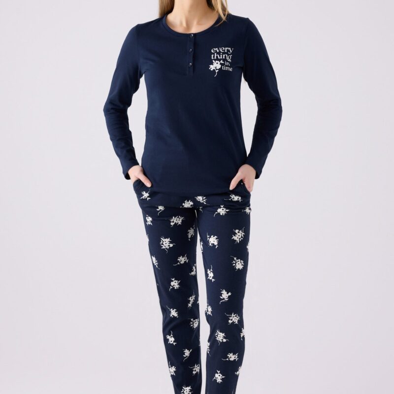 AR3056 طقم بيجاما قطن ربيعي للنساء قطعتين لون كحلي