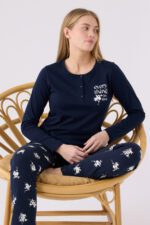 ⁦AR3056 طقم بيجاما قطن ربيعي للنساء قطعتين لون كحلي⁩ - الصورة ⁦2⁩