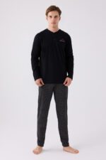 ⁦AR3172 طقم بيجاما للرجال قطن لون اسود⁩ - الصورة ⁦3⁩