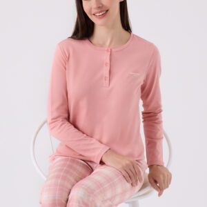 PC8918 PIERRE CARDIN طقم بيجاما قطن للنساء قطعتين لون زهري مع بنطال كاروهات