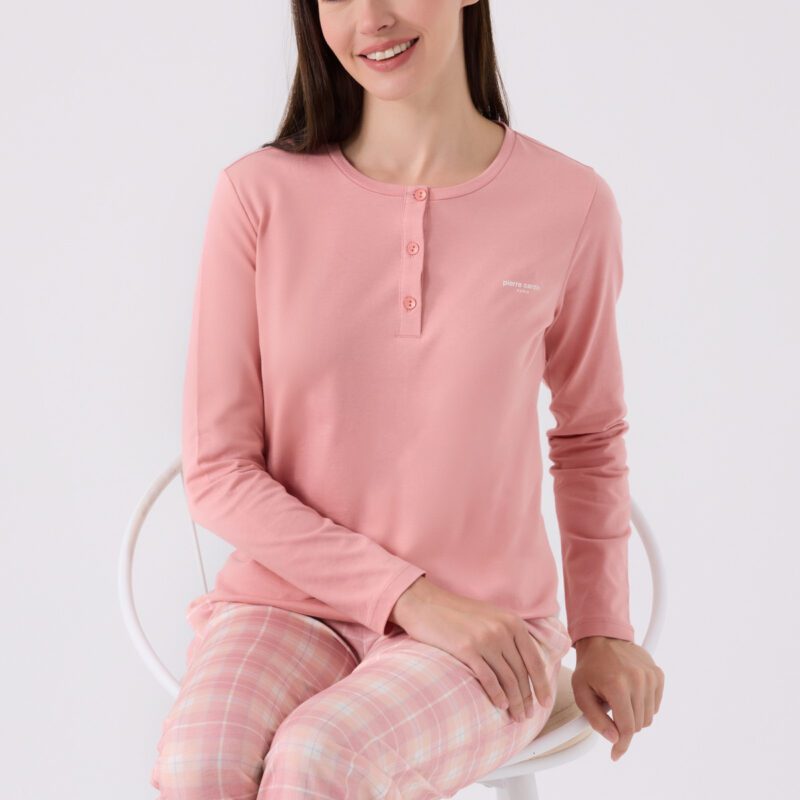 PC8918 PIERRE CARDIN طقم بيجاما قطن للنساء قطعتين لون زهري مع بنطال كاروهات