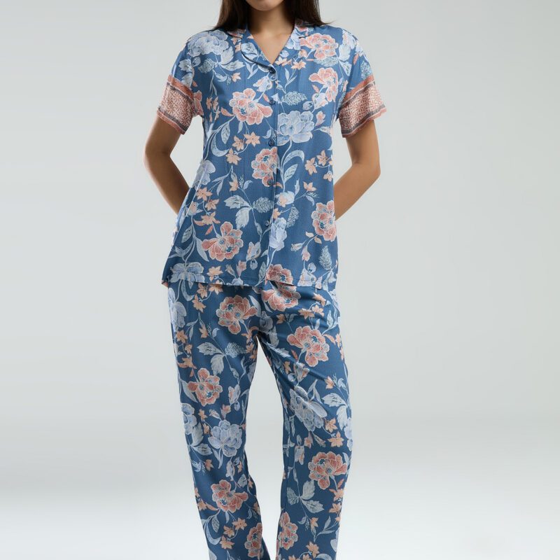 AR3201-S طقم بيجاما بأزرار قماش بارد لون ازرق