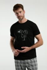 AR3350 طقم بيجاما قطن قطعتين بنطال كاروهات مع بلوز لون اسود