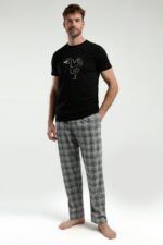 ⁦AR3350 طقم بيجاما قطن قطعتين بنطال كاروهات مع بلوز لون اسود⁩ - الصورة ⁦2⁩