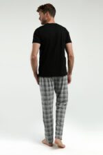 ⁦AR3350 طقم بيجاما قطن قطعتين بنطال كاروهات مع بلوز لون اسود⁩ - الصورة ⁦3⁩