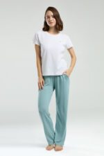 PC8983 PIERRE CARDIN طقم بيجاما قطن للنساء قطعتين بلوز لون ابيض مع بنطال لون فيروزي