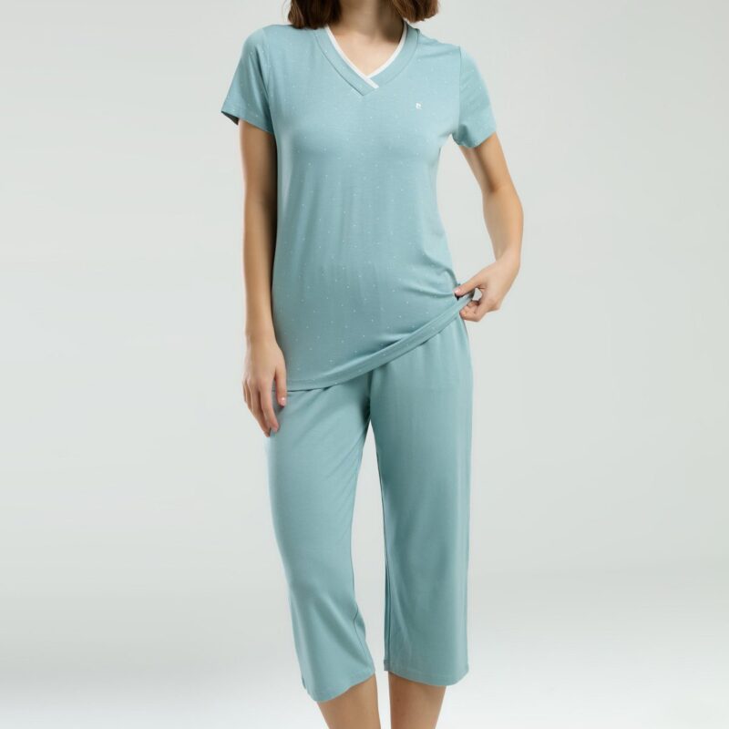 PC8984 PIERRE CARDIN طقم بيجاما قطن للنساء قطعتين  برمودا لون فيروزي