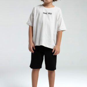 RP3572 طقم شورت للاولاد  قطن قطعتين بلوز لون كريمي مع شورت لون اسود