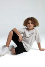 ⁦RP3572 طقم شورت للاولاد  قطن قطعتين بلوز لون كريمي مع شورت لون اسود⁩ - الصورة ⁦4⁩