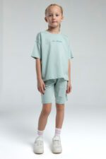 RP3590 طقم برمودا للفتيات قطن ثلاثة خيط لون فستقي