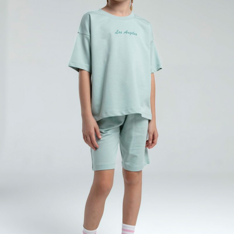 RP3590 طقم برمودا للفتيات قطن ثلاثة خيط لون فستقي